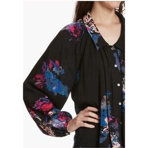 Free People Womens Black Meadow Lark Blouse Button Down Tunic Floral Size M